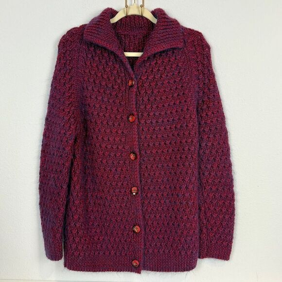 Handmade Chunky Knit Cardigan Sweater Maroon Purple Marled M/L - Picture 1 of 8